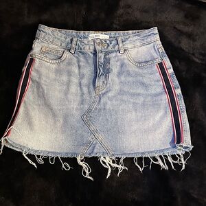Zara Asymmetrical Denim Skirt with Red and Black Accents